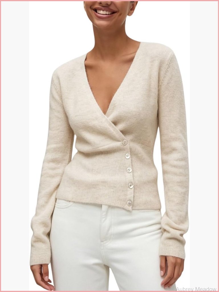 V Neck Wrap Sweater Pullover Long Sleeve Side Button Slim Fit Crop Knit